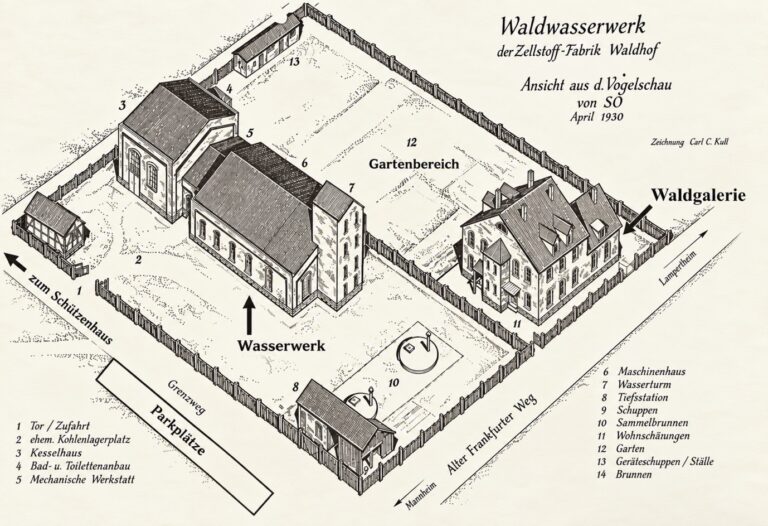 Historische Zeichnung des Waldwasserwerks, 1930